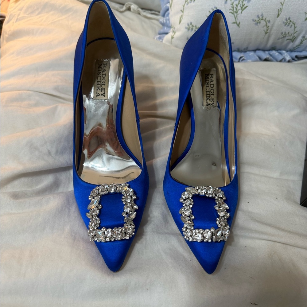 Badgley Mischka Blue Heels with Crystal Buckle
